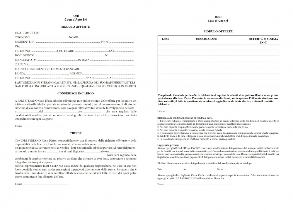 MODULO OFFERTE - IORI CASA D'ASTE